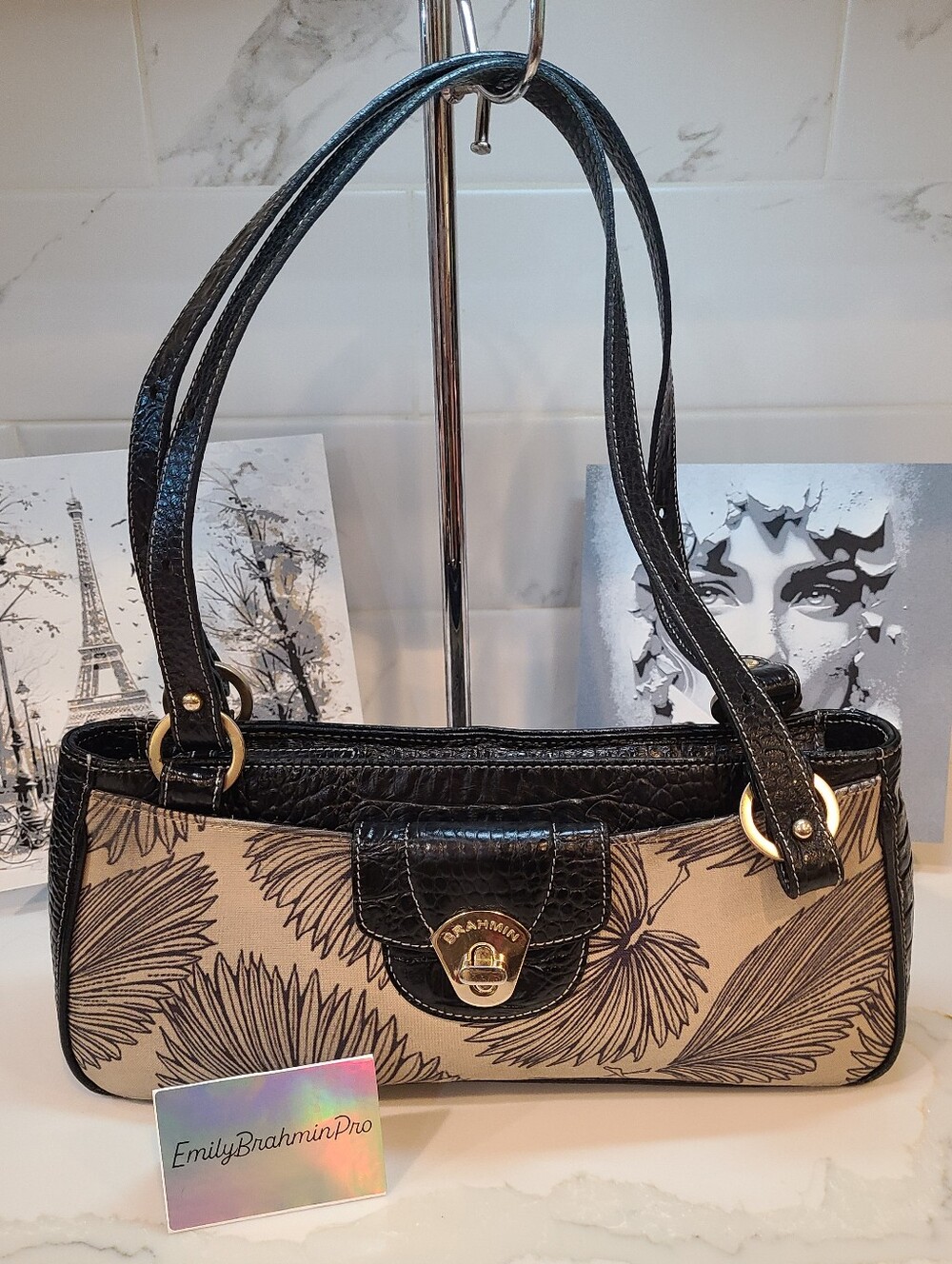 Brahmin Vintage Black & Tan Floral-Print Shoulder Bag with Gold Hardware